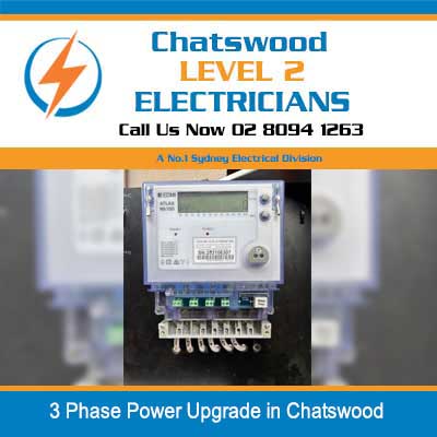 Three-phase power meter and distribution board with circuit breakers in Chatswood
