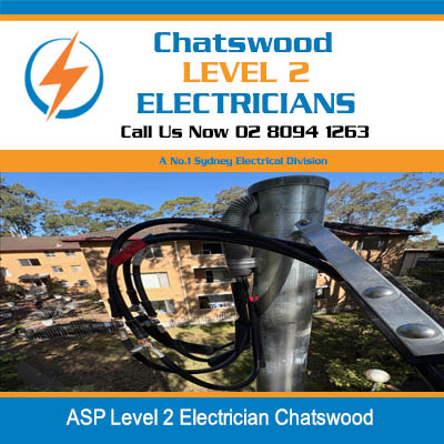 Level 2 electrical service cable and connections on power pole in outdoor setting in Chatswood